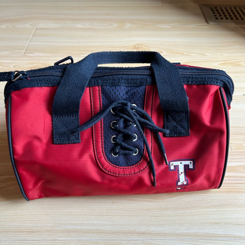 VTG Tommy Hilfiger Lace up Mini Duffle Bag Red Navy Blue 90s Y2K